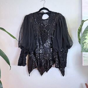 Capriccio Sequined Beaded Sheer Blouson Sleeve Victorian Gothic Romantic Top XL